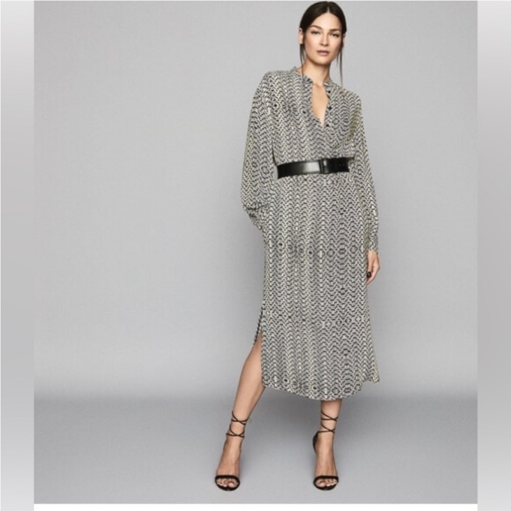 REISS  Mellie Neutral Bead Print Midi Dress geometric sz 6 side slit